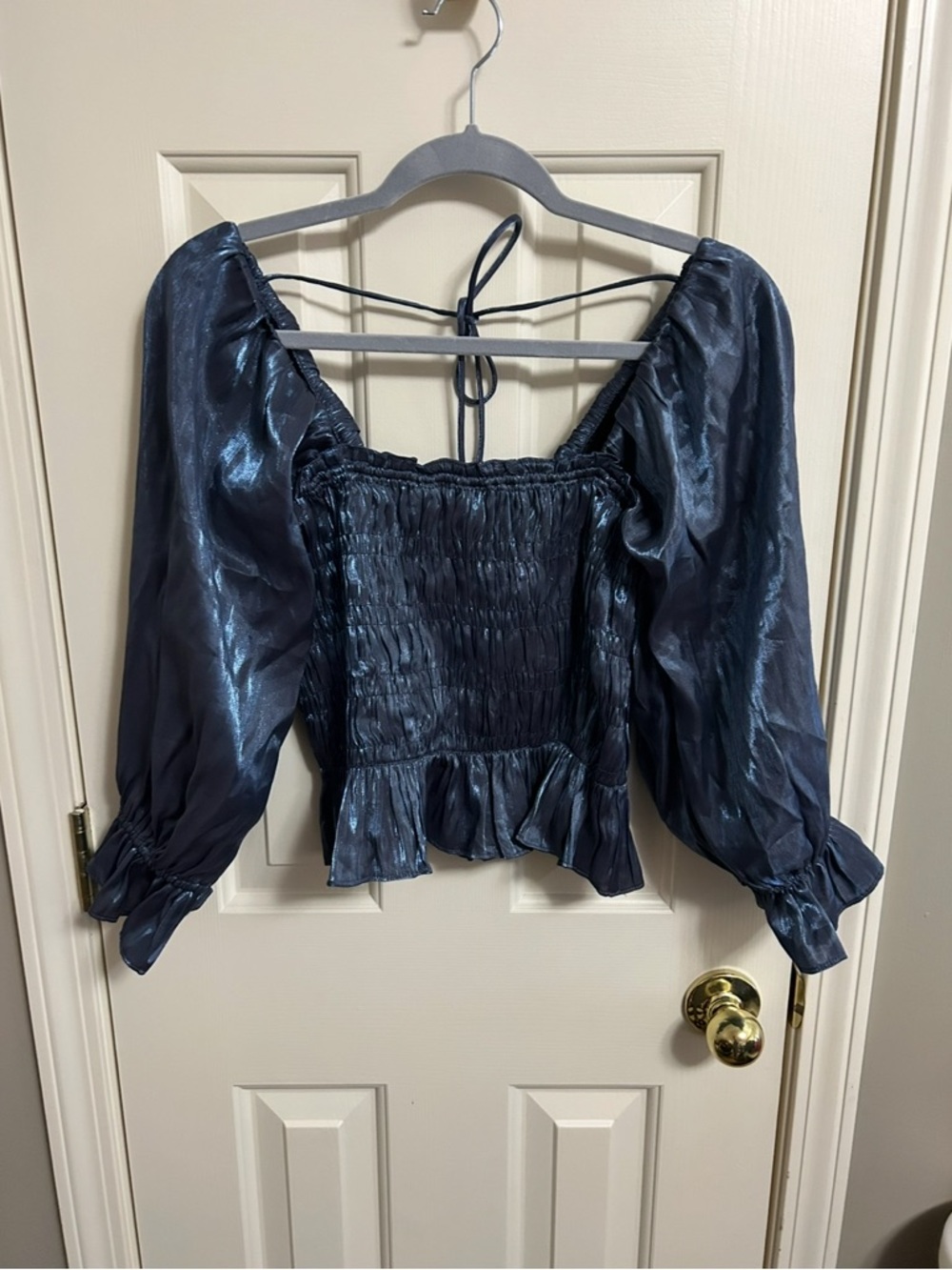 2/$28 Mustard Seed Metallic Smocked Peplum Puff Sleeve Top Medium